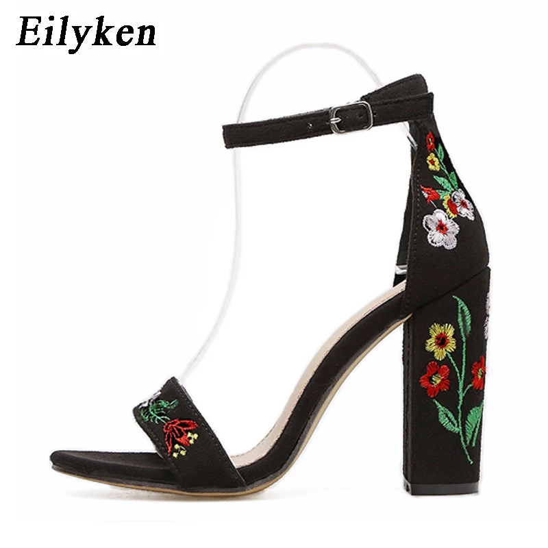 Eilyken/Новинка года; сезон лето; женские босоножки на высоком каблуке с цветочной вышивкой и ремешком; модные женские туфли-лодочки; пикантные туфли на высоком квадратном каблуке