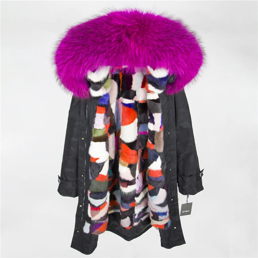 black Camouflage 25 OFTBUY X-длинная Камуфляжная парка, пальто с натуральным мехом, зимняя женская куртка, большой воротник из натурального меха енота, капюшон, подкладка из натурального меха норки - Цвет: black Camouflage 25