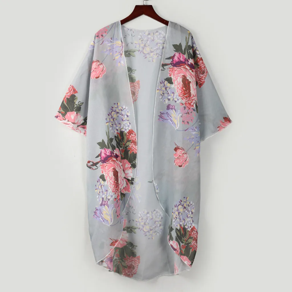 

Women Floral Printed Cardigan Swimsuit Bikini Cover Up Chiffon Summer Beach Dress Half Sleeve Beachwear Pareos Capes Mujer 2020