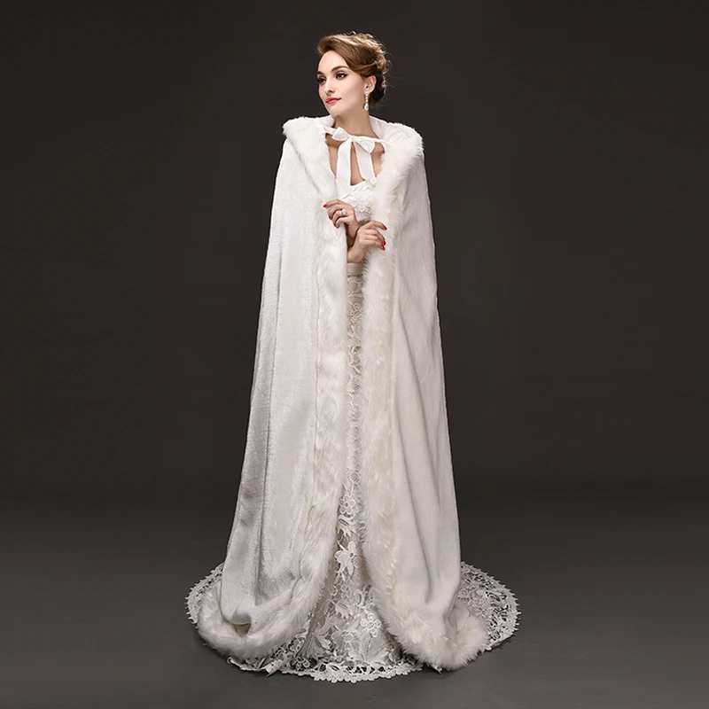 

Top Quality Winter Wedding Long Cloak Fur Hooded Capes With Faux Fur Edge Hooded Bridal Wedding Cloak White Bride Poncho Wraps