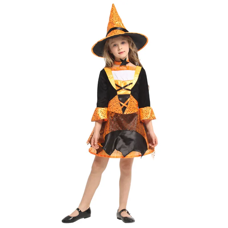 Lovely Orange Black Magic Witch Girl Costume Cosplay for Girls Child Halloween Carnival Party Mardi Gras Fancy Dress G-0303A |