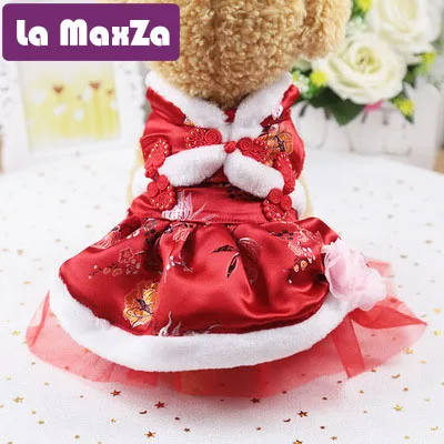 New Winter Dog Dress Year Clothes Tang Suit Cheongsam Pet Clothing Warm Coat Poodle Yorkie Costume |