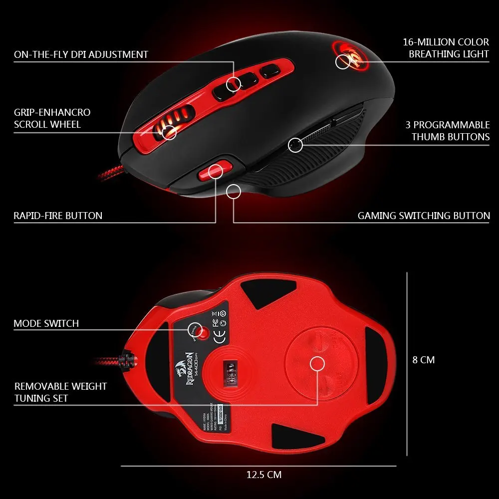 Программируемая игровая мышь Redragon 14400 dpi с боковыми кнопками Регулируемый Вес светодиодный с подсветкой высокоточная геймерская мышь M805