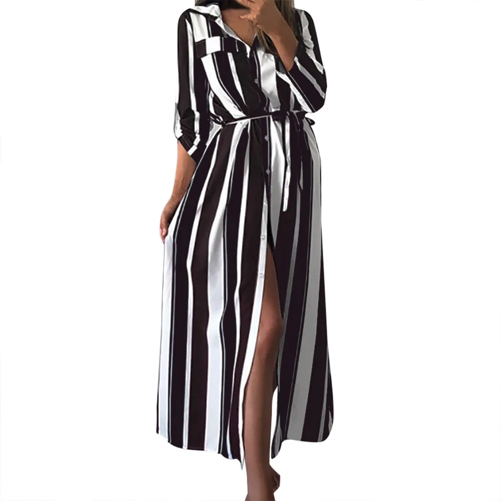 Женское платье рубашка повседневное длинное в полоску с длинным рукавом и