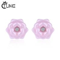 elegant style flower for women earrings cute pink ceramic stud earrings small fresh earrings flowers jewelry with aaa cz gift
