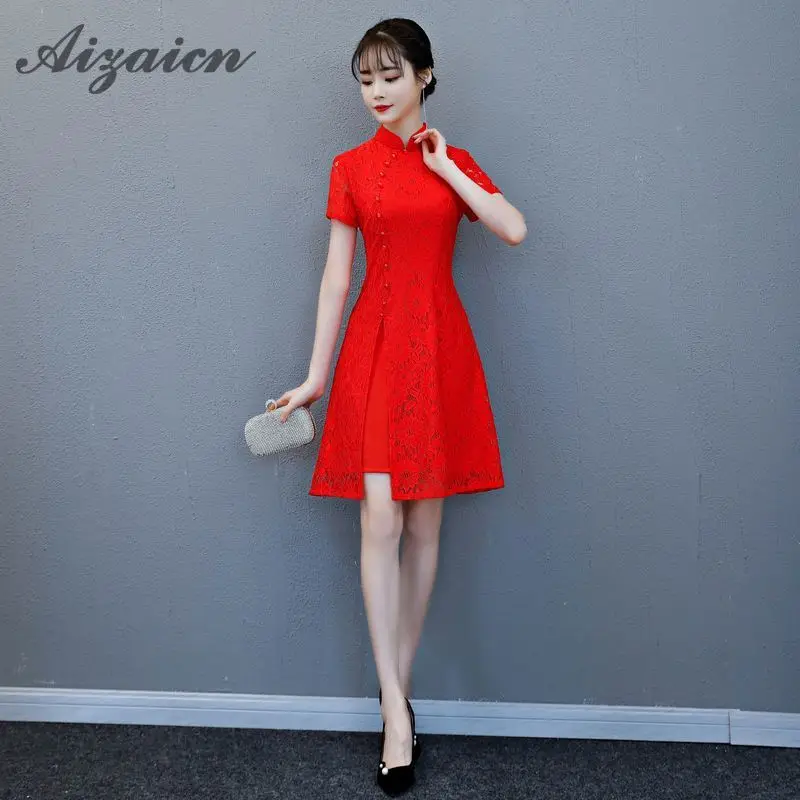 Современные китайское традиционное платье красные свадебные Qipao леди короткие