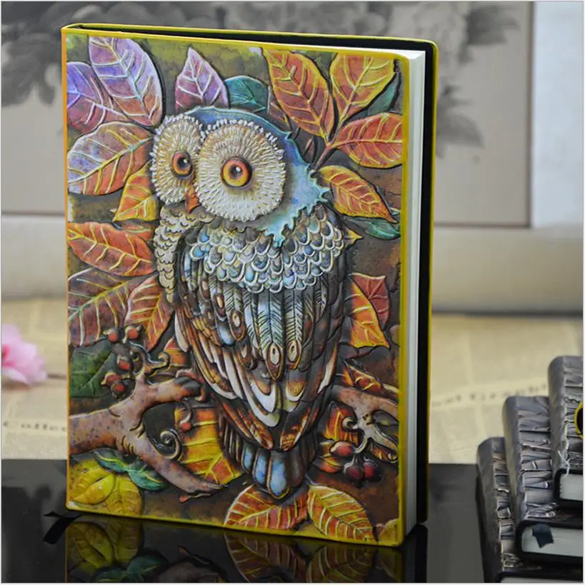 2017 New European Vintage Thick notebook Diary Book Handmade leather carving owl Stationery Office Material School 01663
