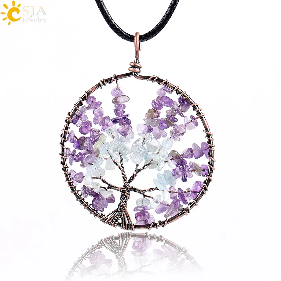 CSJA Tree of Life Chip Natural Stone Necklace & Pendants Purple Yellow Crystal Quartz Green Aventurine Reiki Chakra Jewelry E767 |