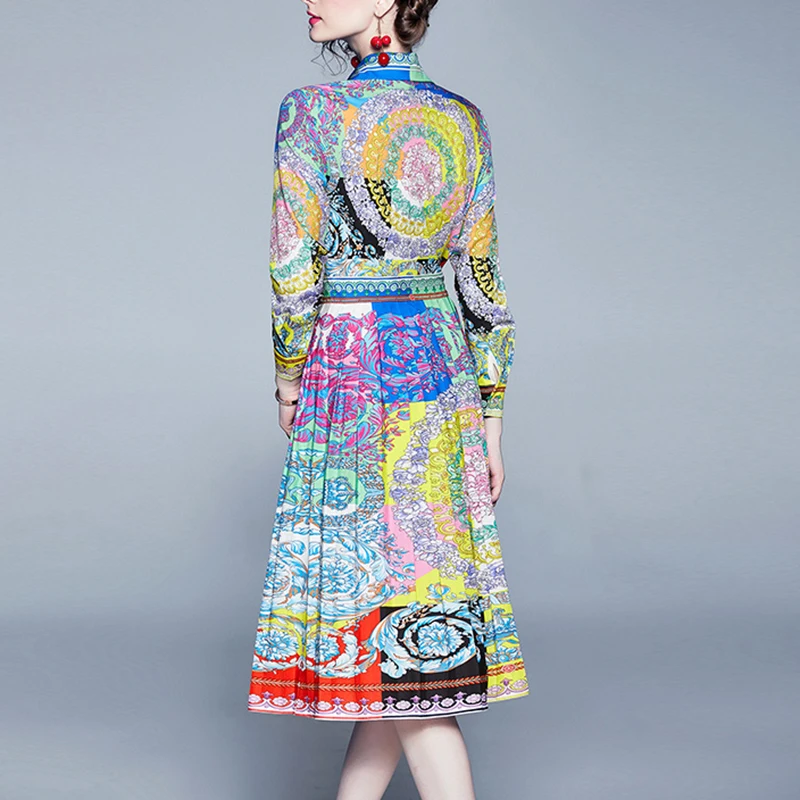 Платье PERHAPS U с цветочным принтом отложным воротником и длинным рукавом платье до