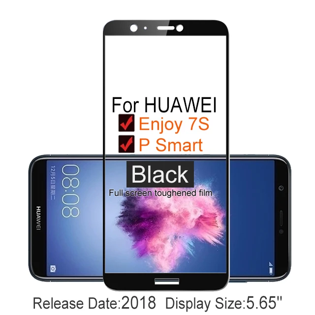Black 2 шт.,, полное покрытие, закаленное стекло для huawei P Smart 2.5D 9 H, Защитная пленка для экрана, чехол для Enjoy 7S glass - Цвет: Black