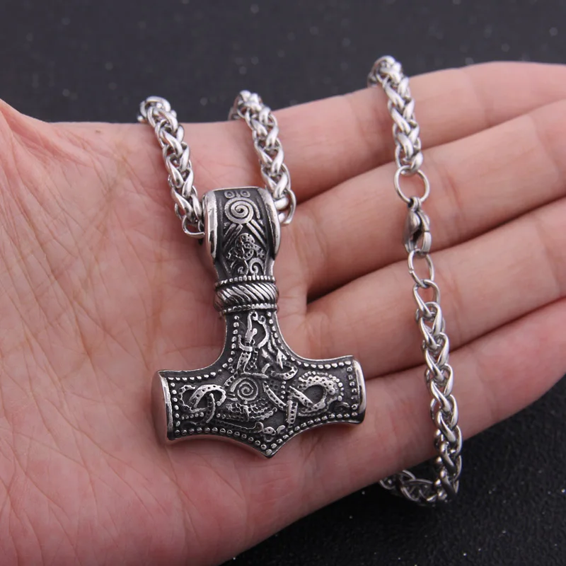 Necklace with chain Дропшиппинг из нержавеющей стали Тор молот Мьёльнир кулон ожерелье Викинг скандинавский, норвежский колье с кулоном в стиле викингов мужской подарок - Окраска металла: Necklace with chain
