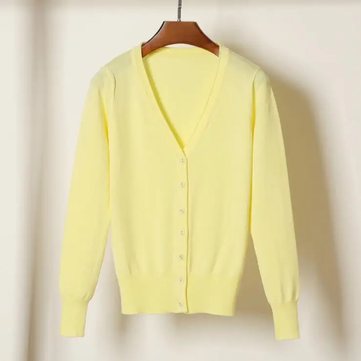 light yellow Queechalle, 28 цветов, вязаные кардиганы, весна-осень, кардиган, женские повседневные топы с длинным рукавом, v-образный вырез, Однотонный женский свитер, пальто - Цвет: light yellow