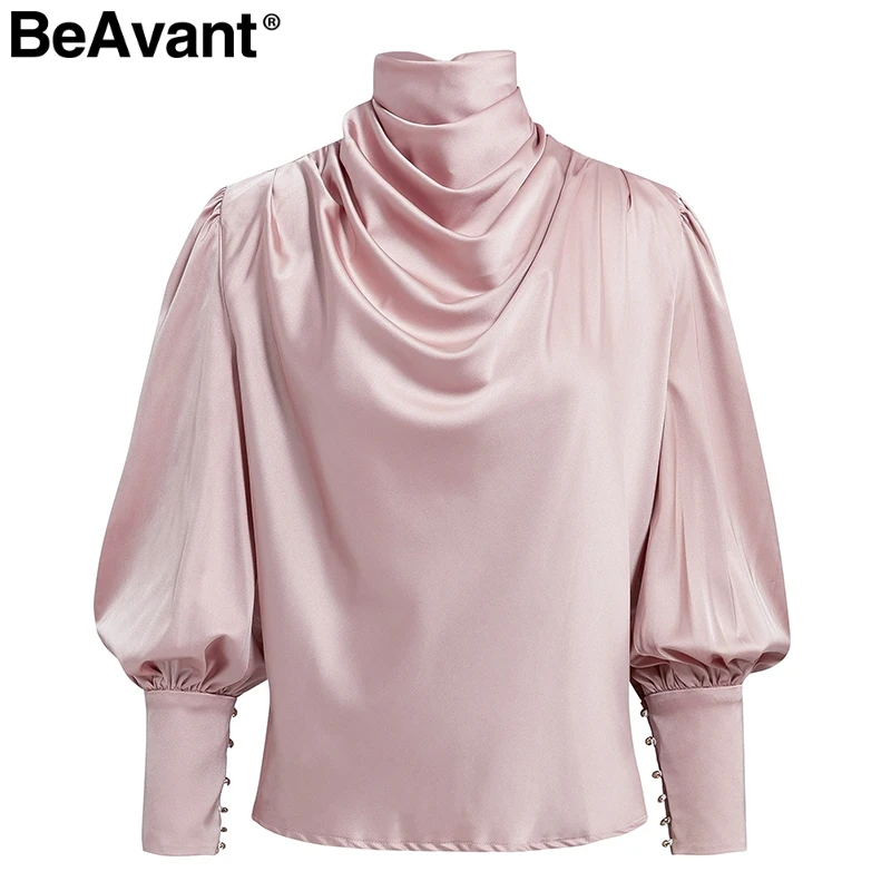 Розовый BeAvant, винтажная сатиновая блузка с высоким воротом, женская розовая плиссированная Роскошная блузка с длинным рукавом, рубашка, элегантные модные вечерние топы на пуговицах - Цвет: Розовый
