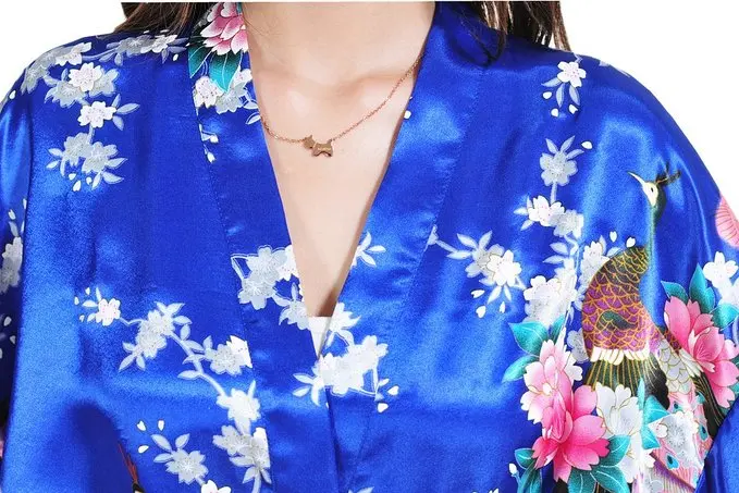 Синий китайский женский Шелковый Мини халат сексуальное кимоно банное платье