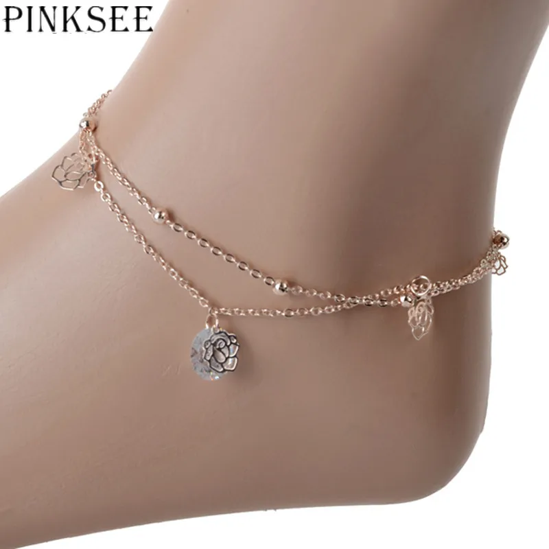 PINKSEE золотой цвет с кристаллами Двухслойный дизайн женские браслеты для щиколотки сексуальные полые розы, цветы лодыжки браслет босиком босоножки Украшенные бижутерией