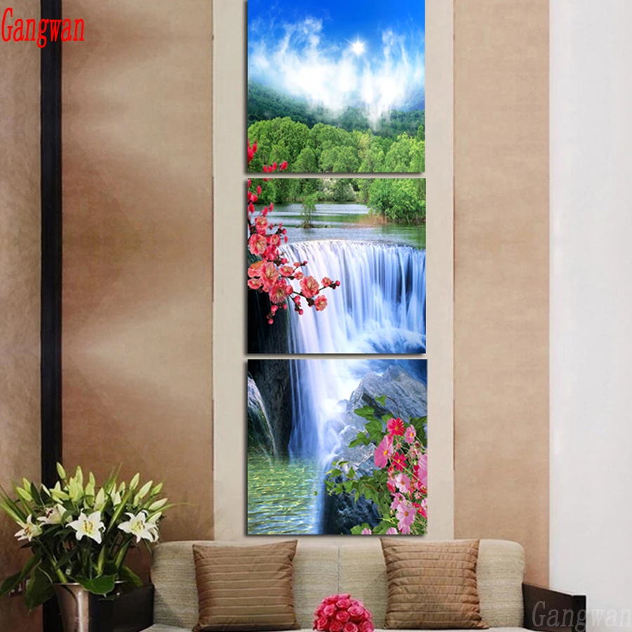 

5d diy diamond painting diamond embroidery full display cross-stitch 3 Panel waterfall flower blue sky pattern mosaic new year