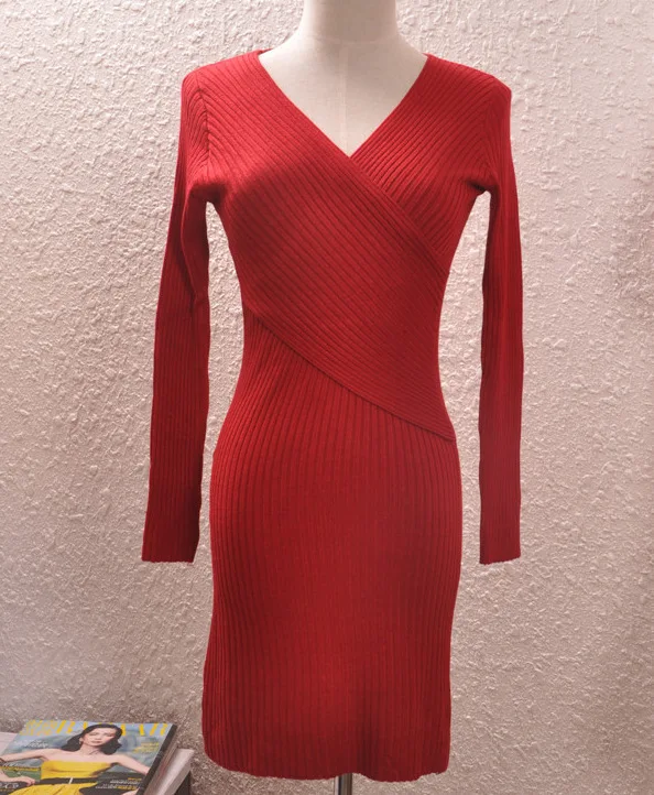 2016 Мода Осень Женщины Вязать Платье Глубокий V образным Вырезом С Длинным Рукавом