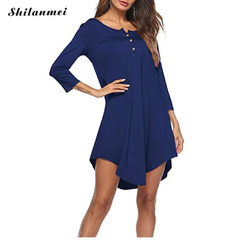 Для женщин платья 2018 Демисезонный свободная футболка платье с круглым вырезом и