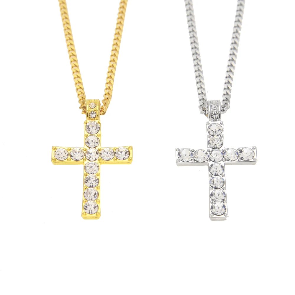 Хип-хоп сплав золота Цвет крест кулон Цепочки и ожерелья религиозных Iced Out Rhinestone crucfix Цепочки и ожерелья Jewely для Для Мужчин кубинской