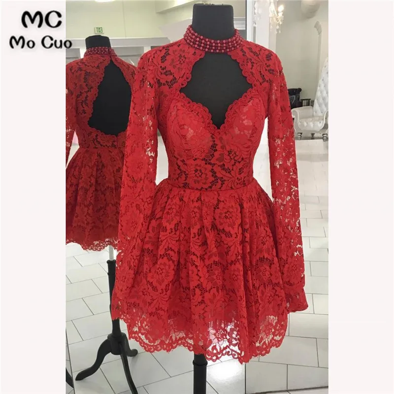 Elegant 2018 Illusion Homecoming dress short with Pearls Lace cocktail party homecoming Long Sleeves | Свадьбы и торжества