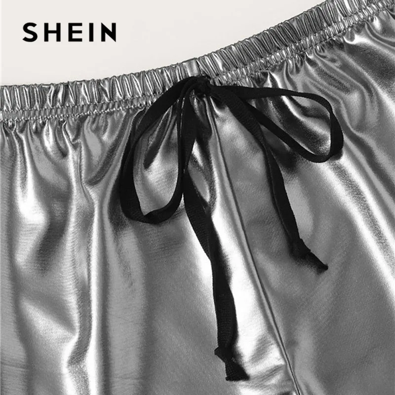 SHEIN однотонные шорты из искусственной кожи с завязками на талии, женская одежда, женские Гламурные Серебристые летние шорты с эластичной талией