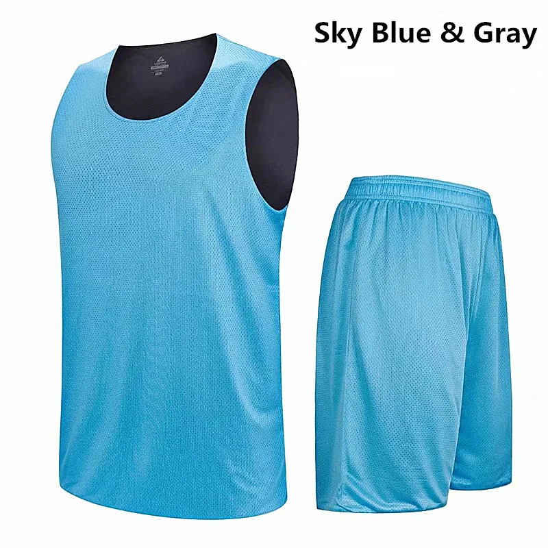 Sky Blue Gray Двухсторонняя детская одежда для баскетбола, комплекты из Джерси, форма, спортивная одежда, дышащие тренировочные костюмы, Детские баскетбольные майки - Цвет: Sky Blue Gray