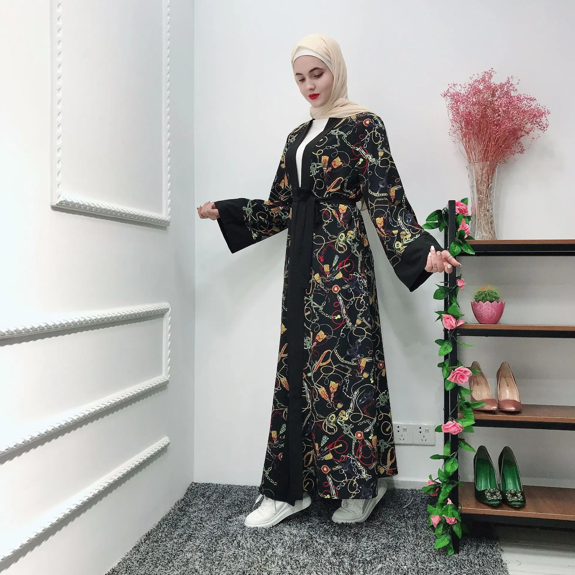 Summer print floral Muslim women shift long abaya black robes | Тематическая одежда и униформа