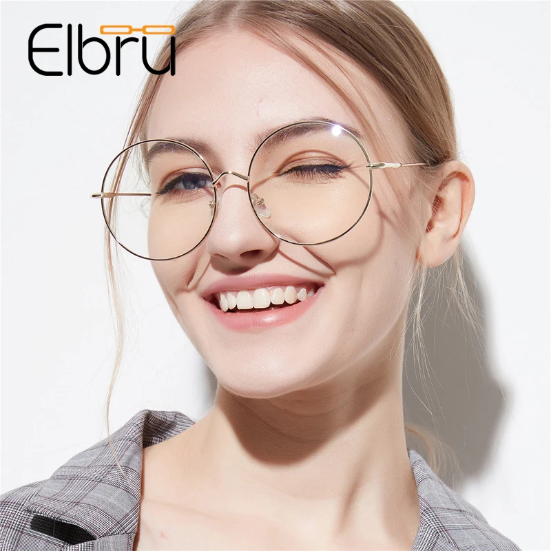 Elbru оверсайд металлическая круглая оправа для очков для женщин высокое качество Оптическое стекло для глаз es оправа женские модные очки стеклянные прозрачные линзы