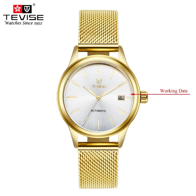 gold white TEVISE, механические часы для женщин, автоматические, с сеткой, из нержавеющей стали, Авто Дата, модные, под платье, наручные часы, Montre Femme 9017 - Цвет: gold white