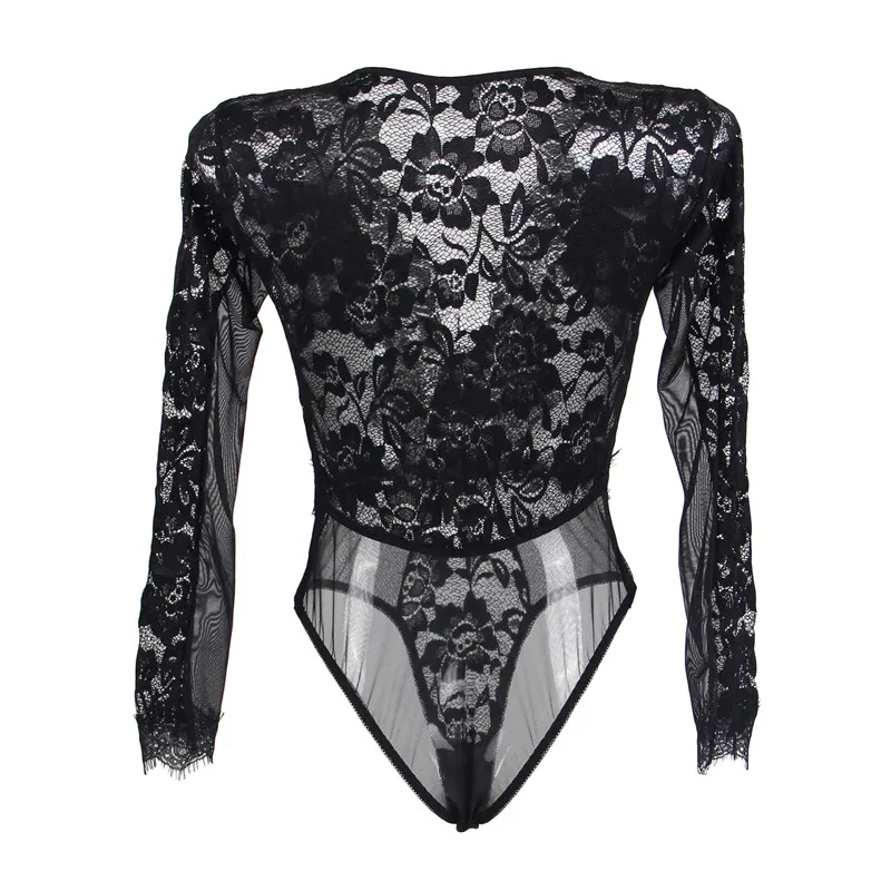 

New Sexy Lingerie Plus Size Women Lace Long Sleeve Teddy V Neck Lingerie Sexy Hot Erotic Transparent Teddies Bodysuits