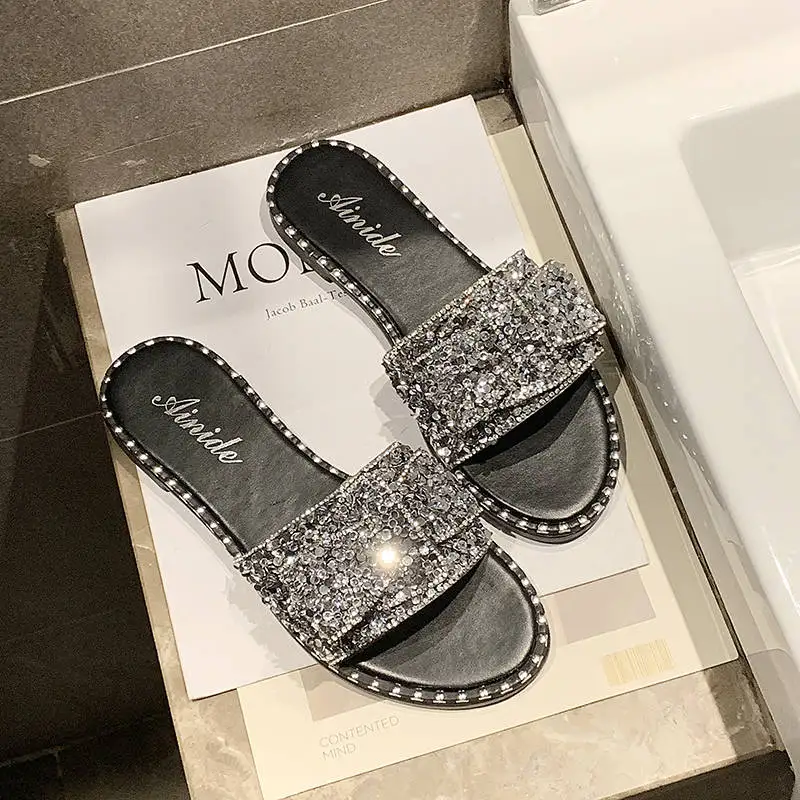 2019 г. Корейская версия Модные женские сандалии на плоской подошве со стразами и