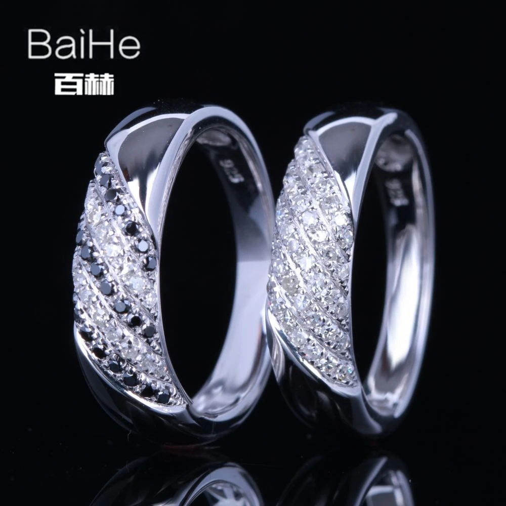 BAIHE Solid 14 K белое золото(AU585) 0.6CT сертифицированное H/SI круглое натуральное бриллиантовое черное бриллиантовое свадебное тонкое Ювелирное кольцо