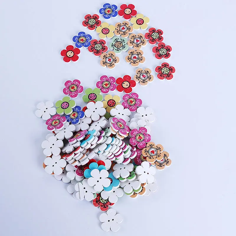 100Pcs Popular Flower Shaped Buttons Home Decoration Crafts Wooden Scrapbooking 2 Holes Mixed Wood Sewing | Дом и сад