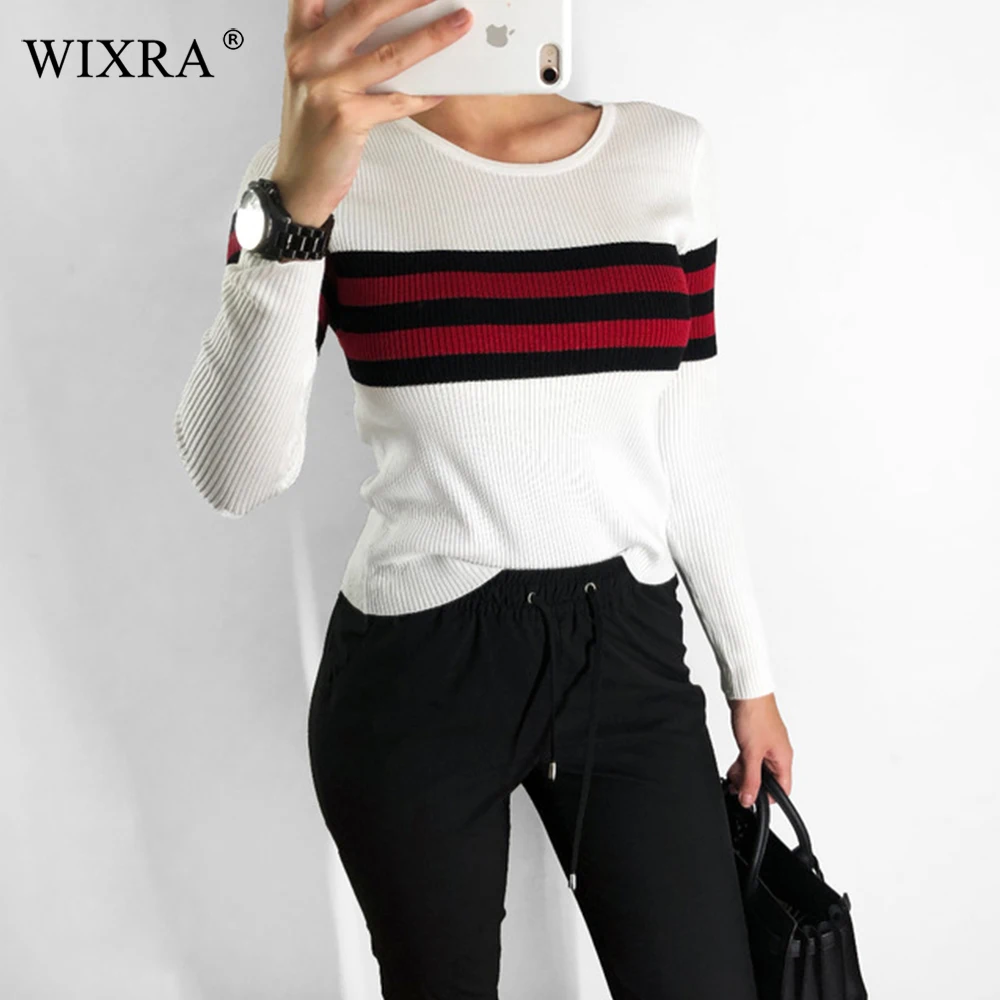 Wixra 2018 Pullovers Sweaters Slim O Neck Striped Sweater All Base Match Knitted Women's Clothing Autumn Winter New | Женская одежда