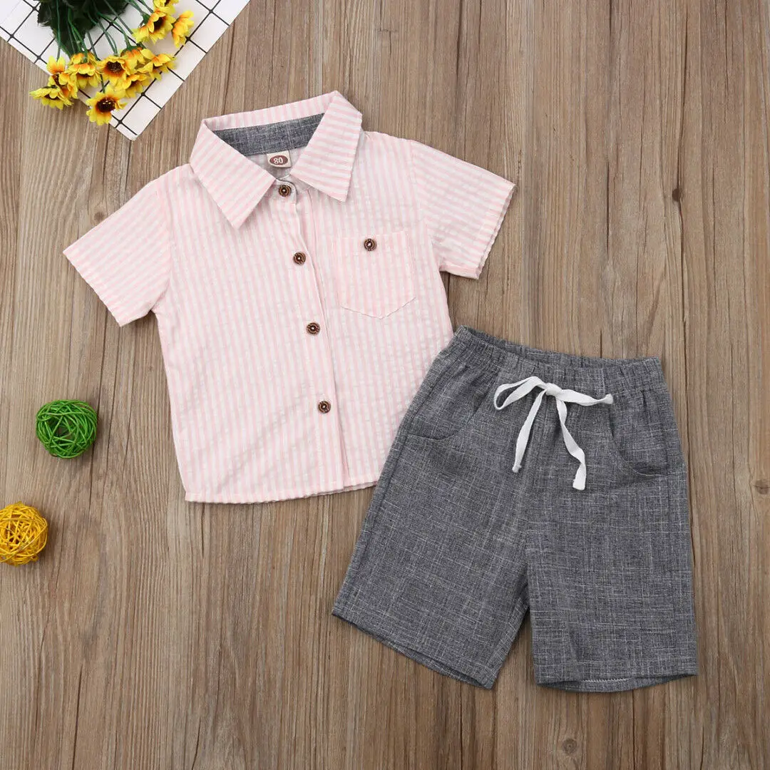 Emmababy 2019 New Brand Summer Toddler Kids Baby Boys Clothes Stripes Cotton Top T Shirt Short Outfits 12M-5Y |