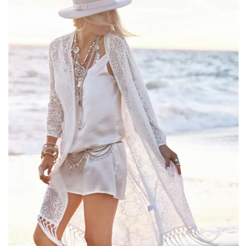 

Hot Boho Women White Tassels Beach Blouse Cover Up Cape Tops Fringe Lace Kimono Cardigan Blouses