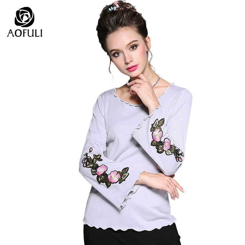 M- 4xl 5xl Flower Embroidery Long Sleeve Tops Women Autumn Flare Pullover Wavy Ruffle Knit Sweater Big Size Knitwear 6209 | Женская