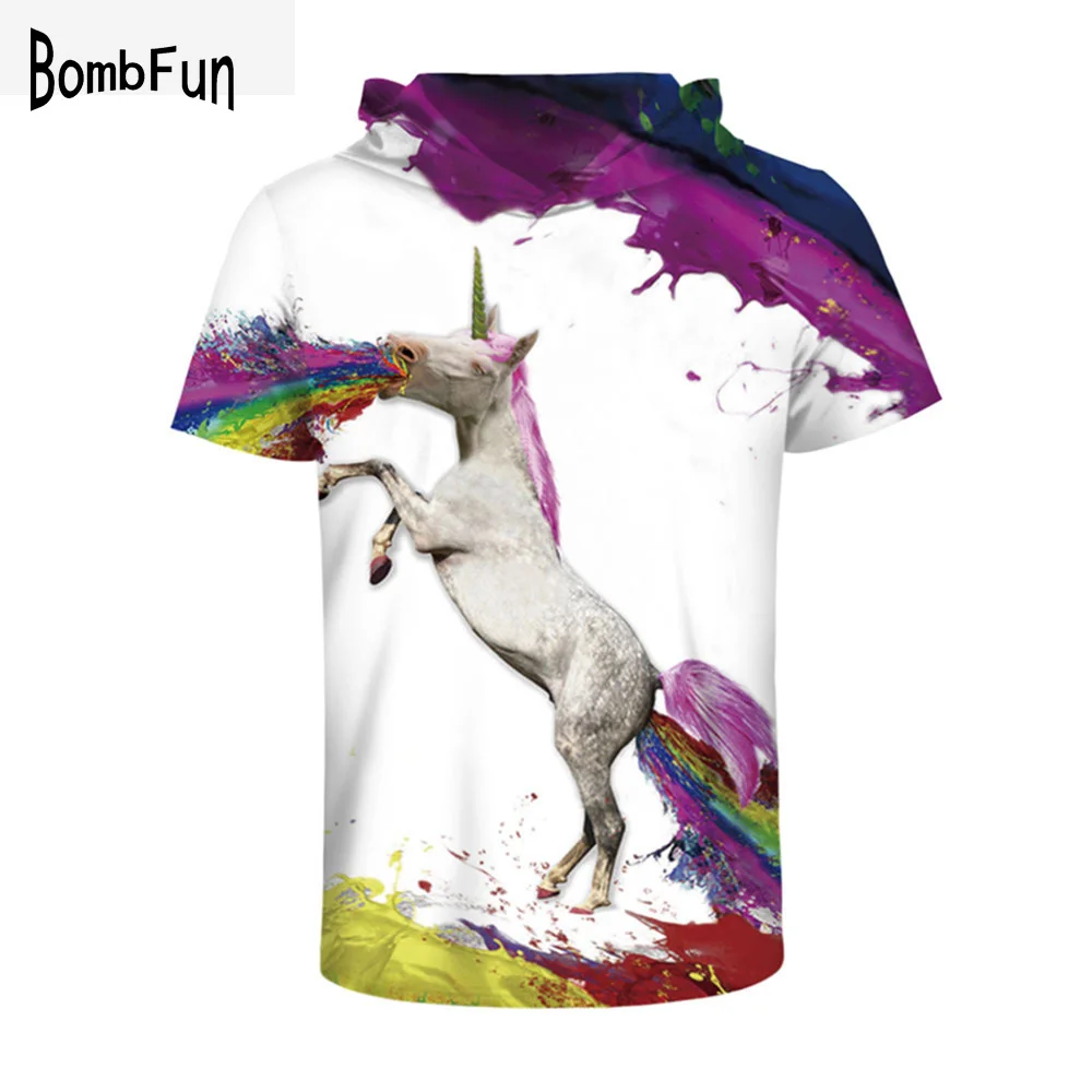 

Fashion Hooded T-shirt For Men Rainbow Unicorn 3d Print tshirt Couple Short Sleeve Tops Streetwear Tees O-neck t-shirt Male