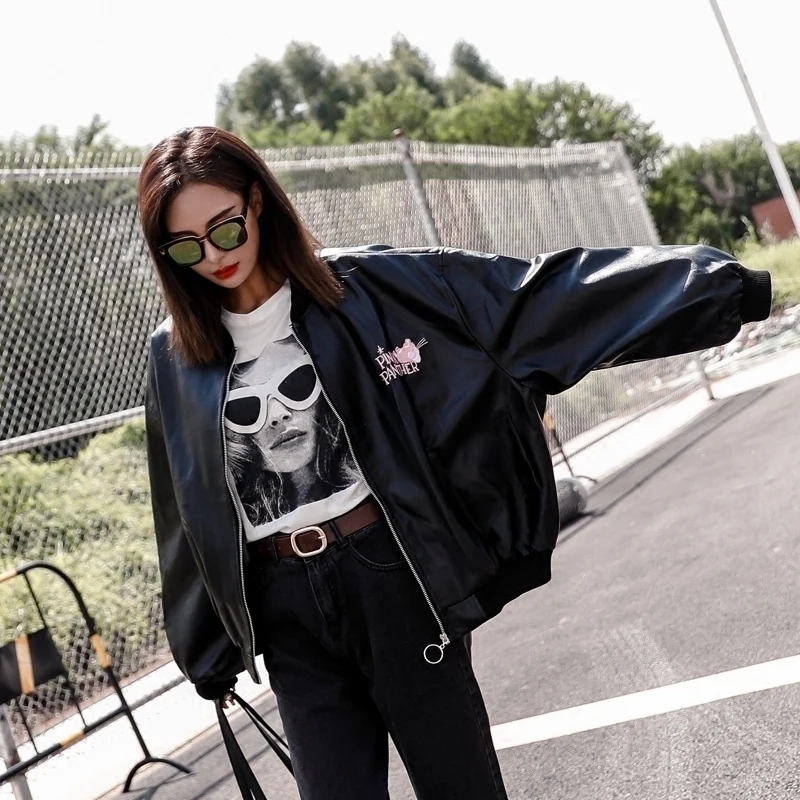 Черная кожаная женская куртка Свободные повседневные модели осенняя Новая из ПУ