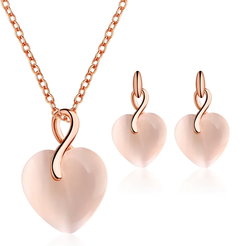 Elegant Rose Color Jewelry Set For Women Trendy Heart Love Pendant Necklace Dangle Drop Earrings Sets Wedding Party Gift | Украшения и