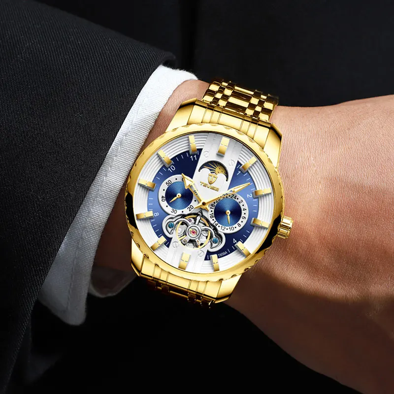 Tevise Мужские автоматические механические часы из нержавеющей стали tourbillon