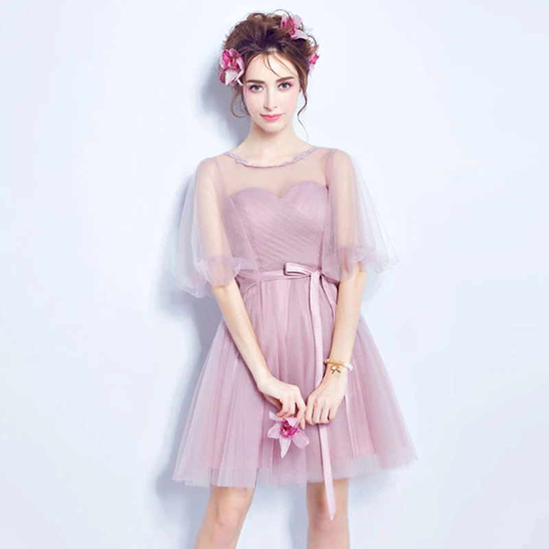 2016 очаровательный розовый шифон короткие линии половина рукава scoop шеи длиной до