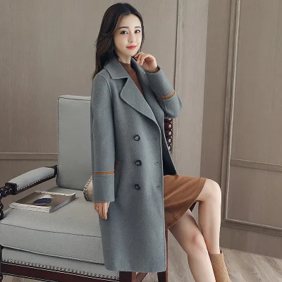 Женское повседневное шерстяное пальто однотонное двубортное из смешанной