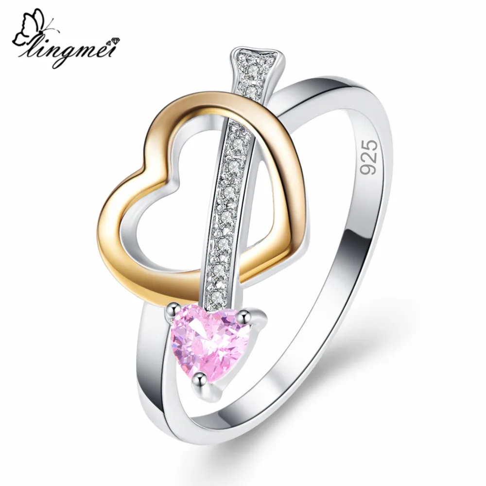 Lingmei Love Heart Women Fashion Jewelry Pink &amp Yellow White Zircon Silver Color Ring Size 6 7 8 9 Wedding Bridal Gifts | Украшения и