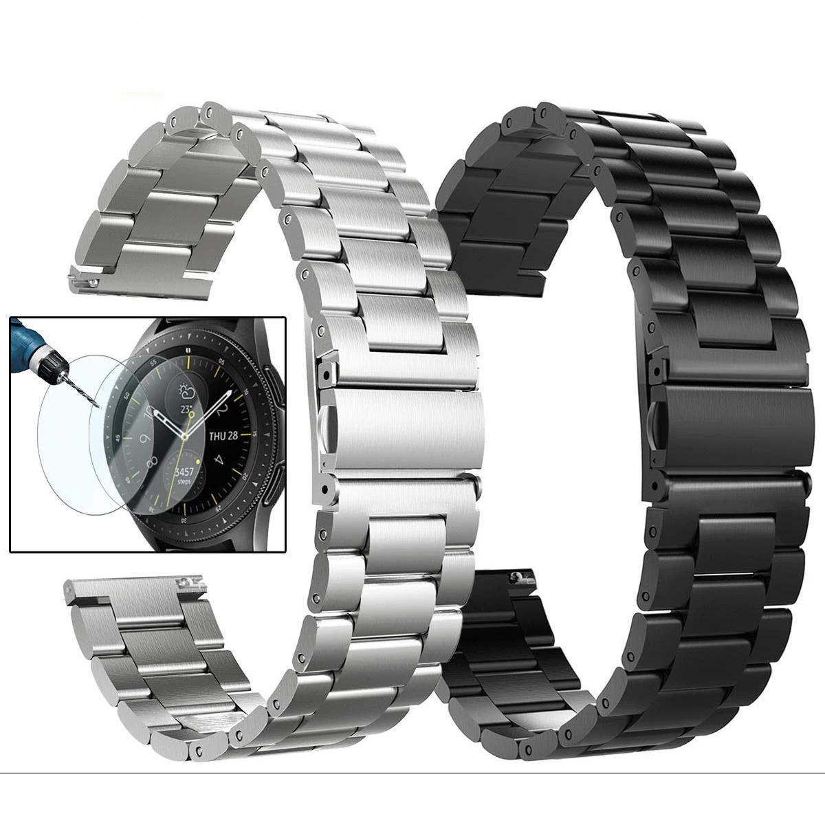 black silver JANSIN нержавеющая сталь металлический ремешок+ Миланская Петля Браслет ремешок для samsung Galaxy Watch 42 мм 46 мм с защитной пленкой экрана - Цвет ремешка: black silver