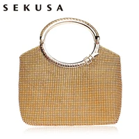 sekusa new bucket shaped rhinestones women evening bags goldsilver metal knitted fashion clutch party wedding handbags clutch