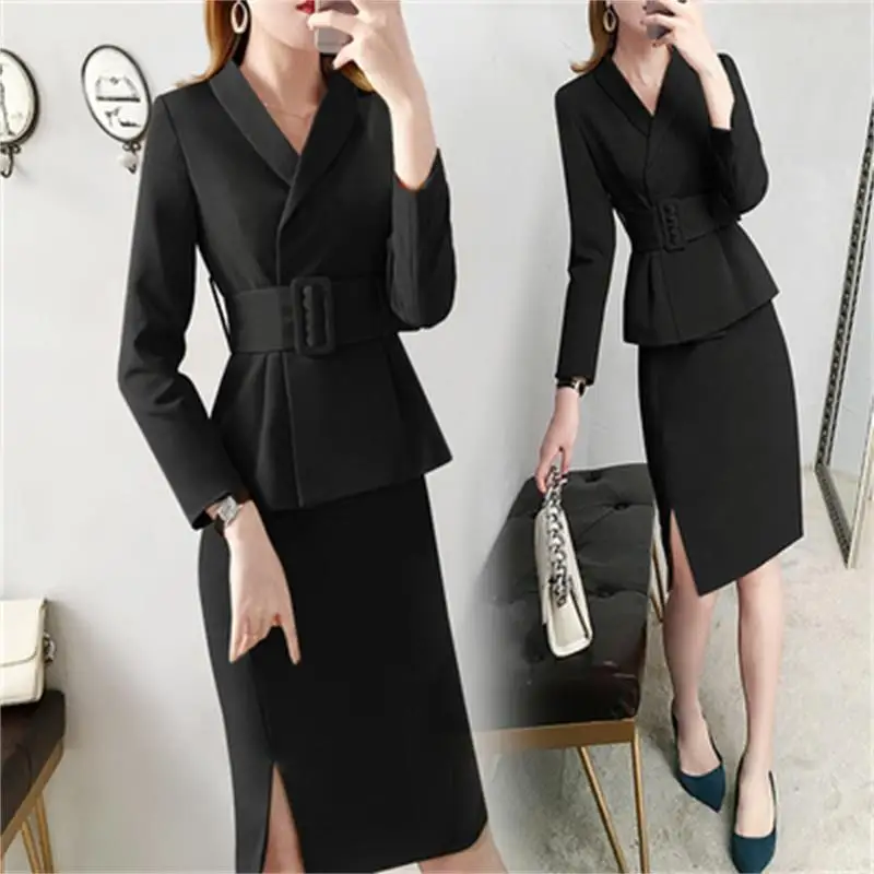 Fashion black suit skirt new high-end women's spring professional temperament waist V-neck + two-piece women |