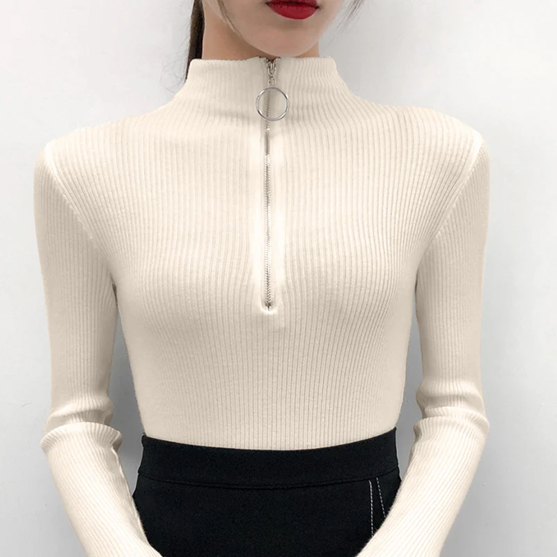 shintimes Casual Zipper Turtleneck Pullovers Women Sweater Long Sleeve Elastic Knitted Femme Solid Warm Jumper High Quality Tops | Женская