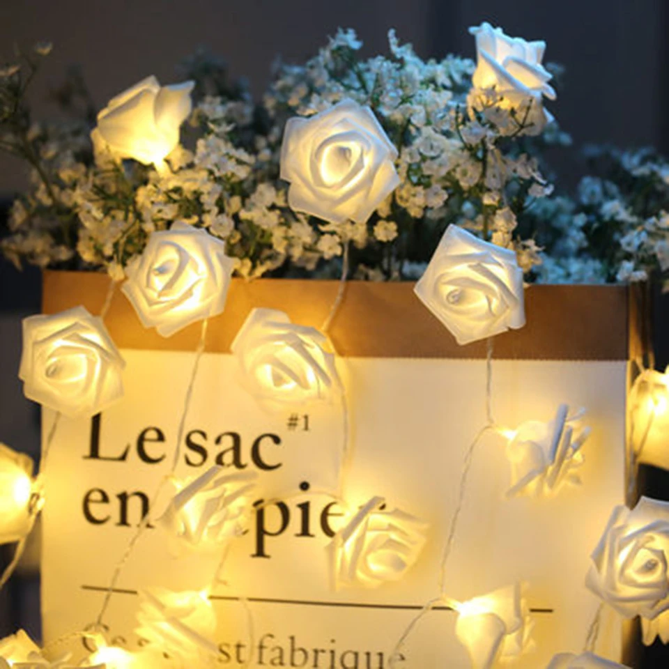 

1M 2M White Rose Flower LED String Lights Battery Powered Holiday Light for Christmas Wedding Garden Party Valentine's Day Decor