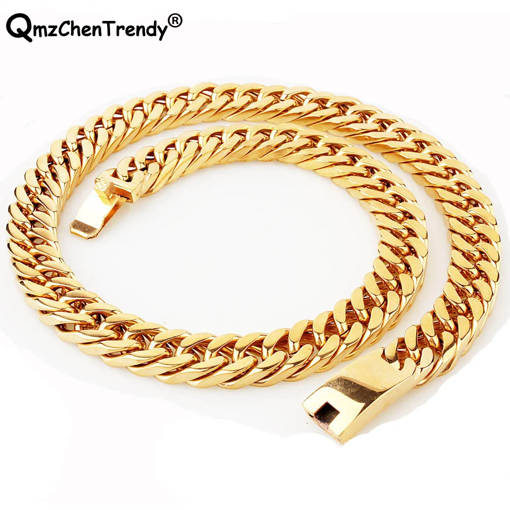 

Stainless Steel Men Golden color Jewelry High Polished Heavy Curb Cuban Link Necklace For Men Exaggerated Punk Hip Hop Chains